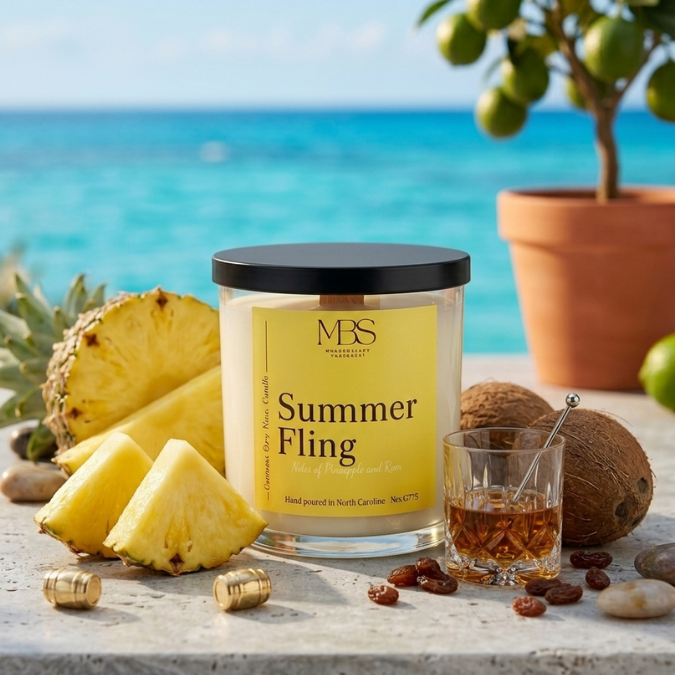 Summer Fling hand-poured pineapple and rum coconut soy candle with wood wick
