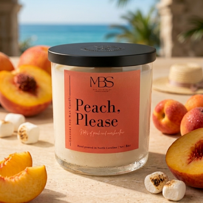Peach, Please hand-poured peach and marshmallow coconut soy candle with wood wick