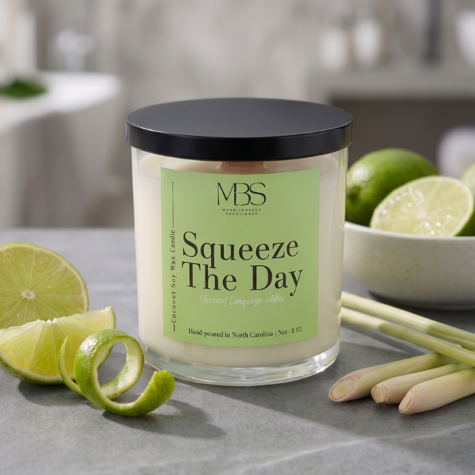 Squeeze the Day hand-poured lemongrass and lime coconut soy candle with wood wick