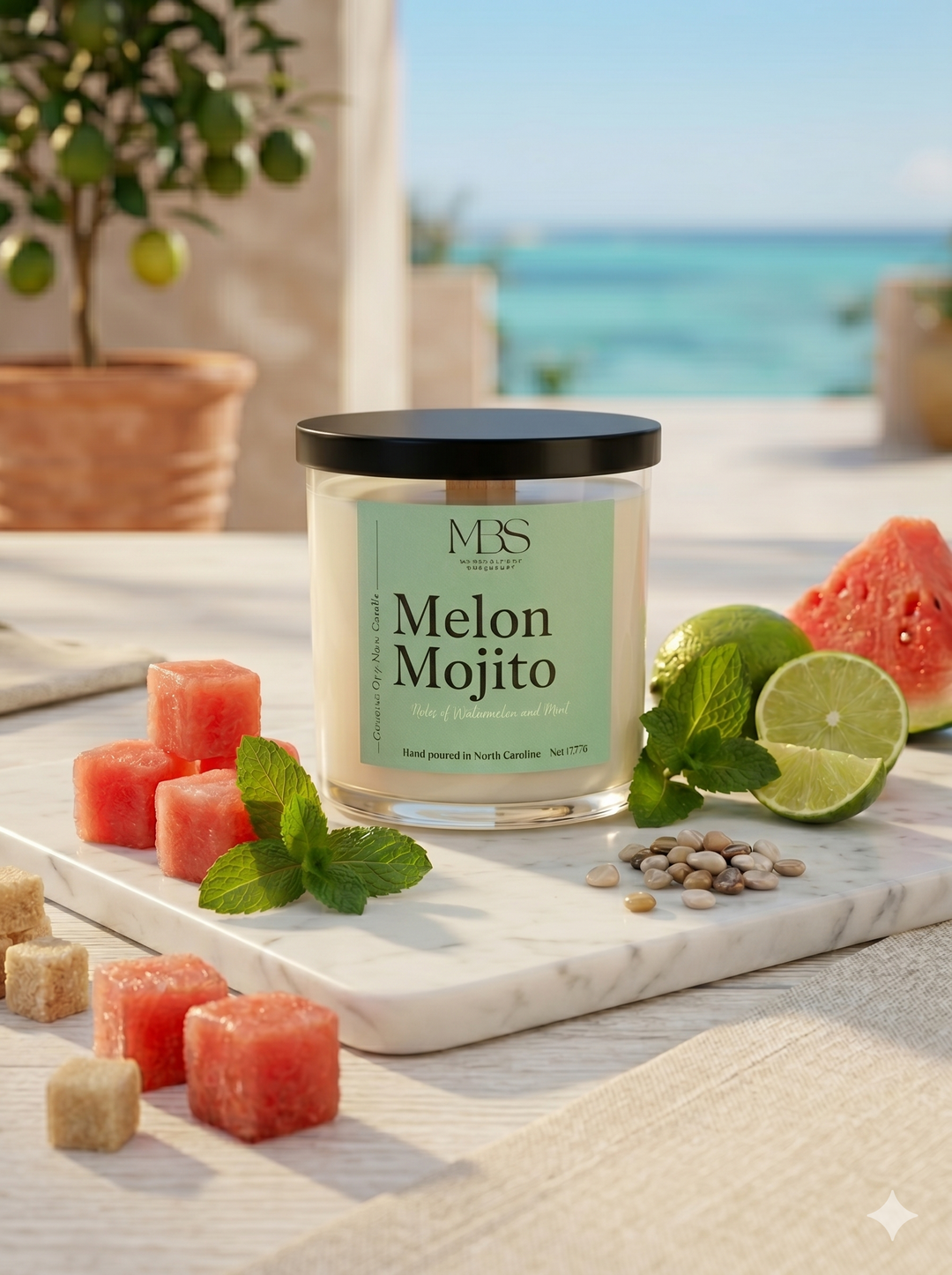 Melon Mojito hand-poured watermelon and mint coconut soy candle with wood wick